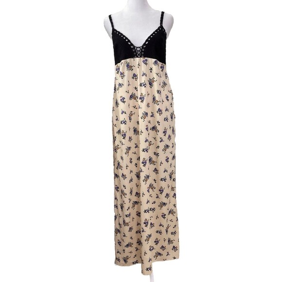 Zara Maxi Dress Satin Black Crochet Top Cream Lavender Floral Festival Large NWT - Picture 2 of 9